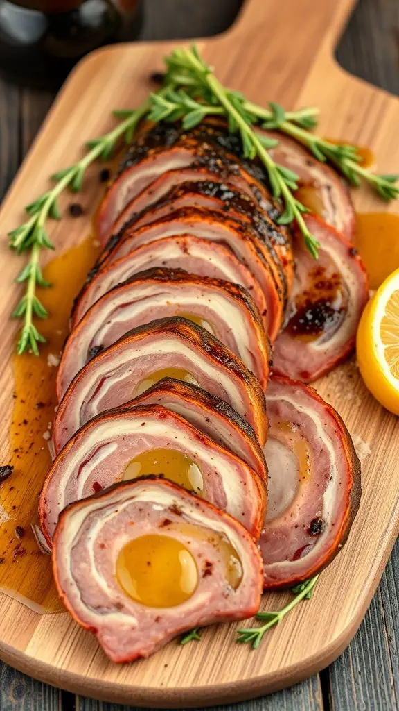 Sliced culatello drizzled with truffle oil on a wooden board