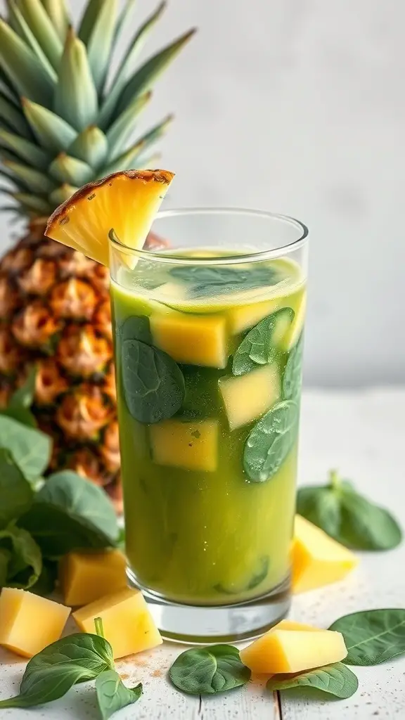 A glass of Pineapple Spinach Detox Juice with pineapple and spinach in the background.