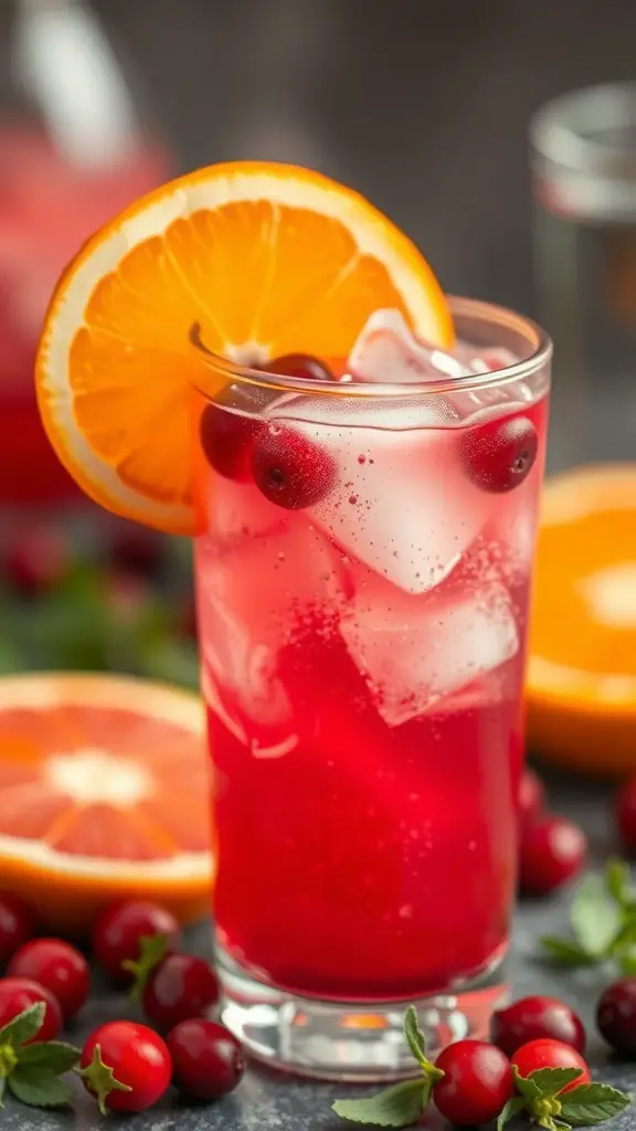 A refreshing cranberry orange spritzer in a glass, garnished with an orange slice and cranberries.