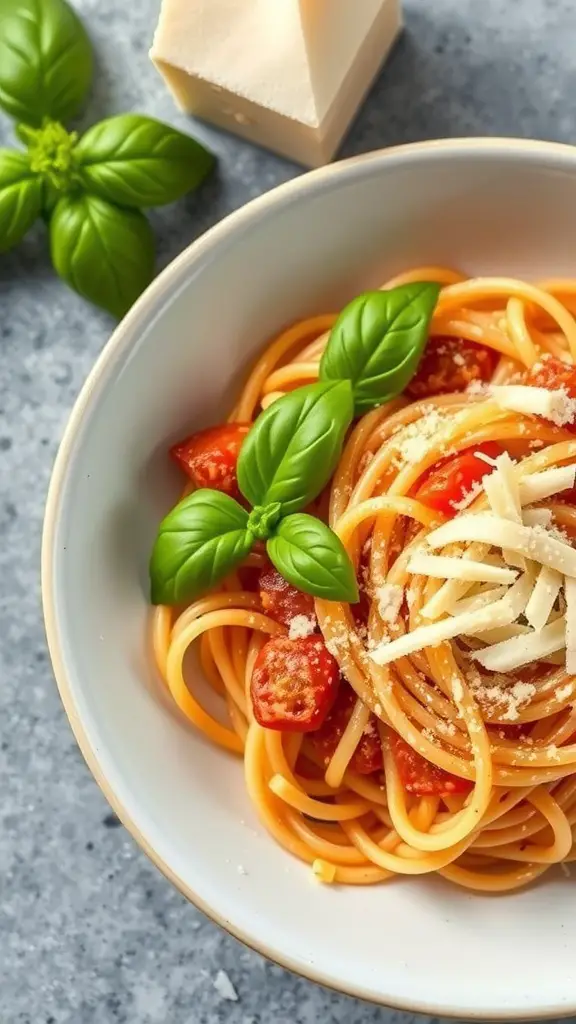 A bowl of creamy tomato basil pasta topped with fresh basil and cheese.