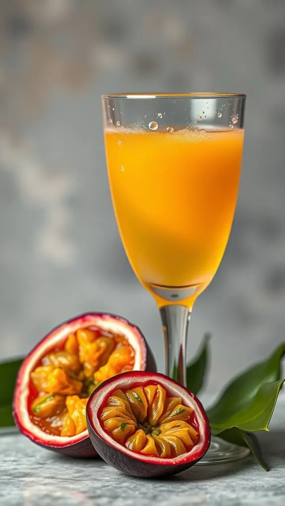 A glass of passion fruit fizz with fresh passion fruit halves beside it.
