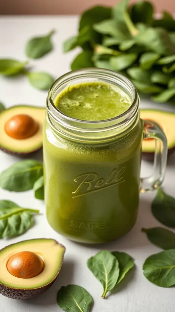 A green spinach avocado smoothie in a mason jar surrounded by fresh spinach leaves and avocado halves.