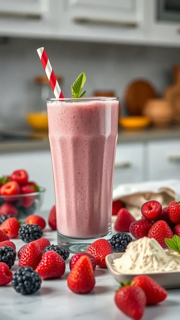 A berry blast protein shake in a glass, surrounded by fresh berries and protein powder.
