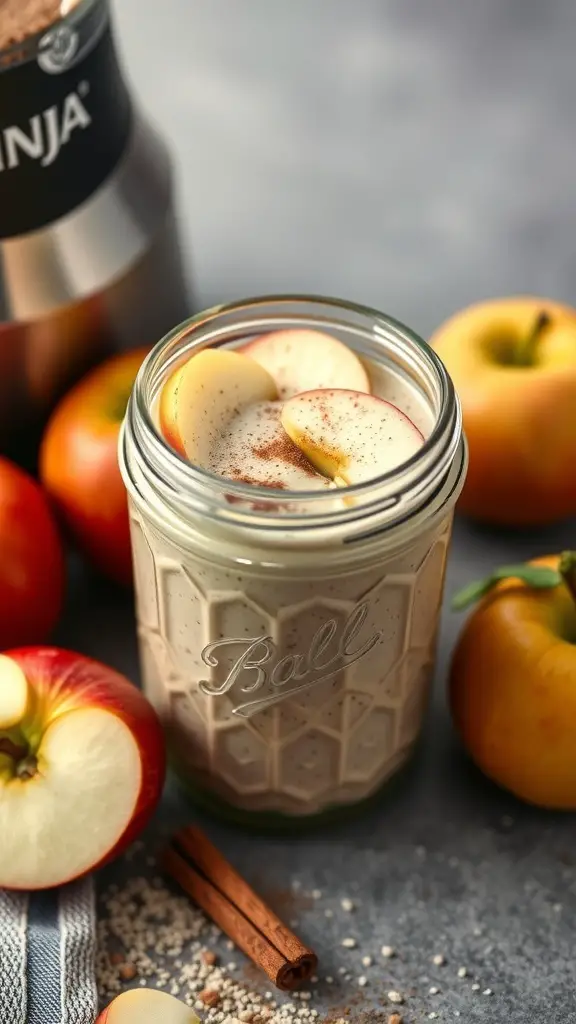 A jar of cinnamon apple chia pudding with apple slices and cinnamon stick, surrounded by fresh apples.
