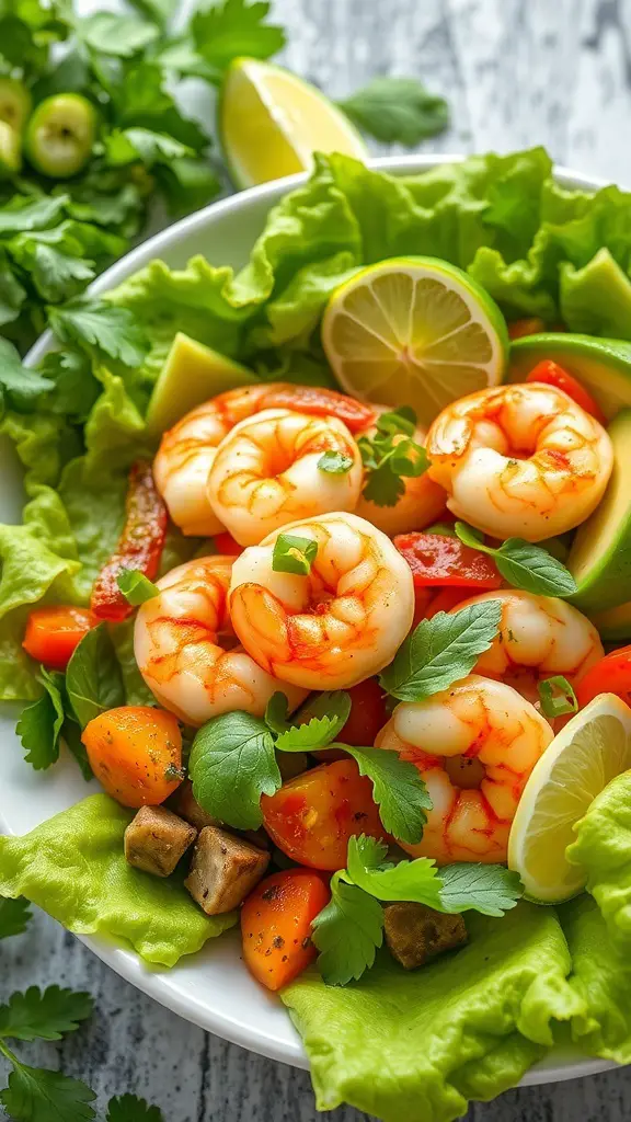 A colorful bowl of spicy shrimp and avocado salad with lettuce, lime, and fresh herbs.