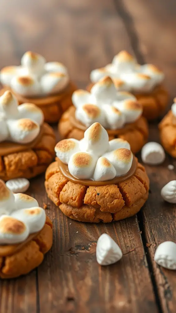 Sweet potato cookies topped with toasted marshmallow on a wooden surface.