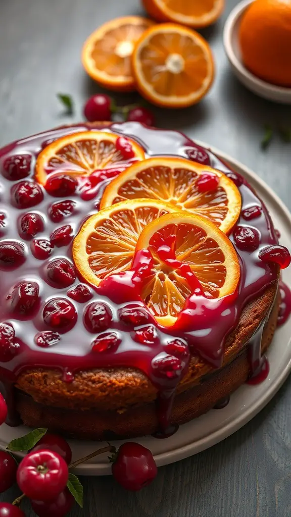A beautifully arranged Cranberry Orange Upside-Down Cake topped with orange slices and cranberries.