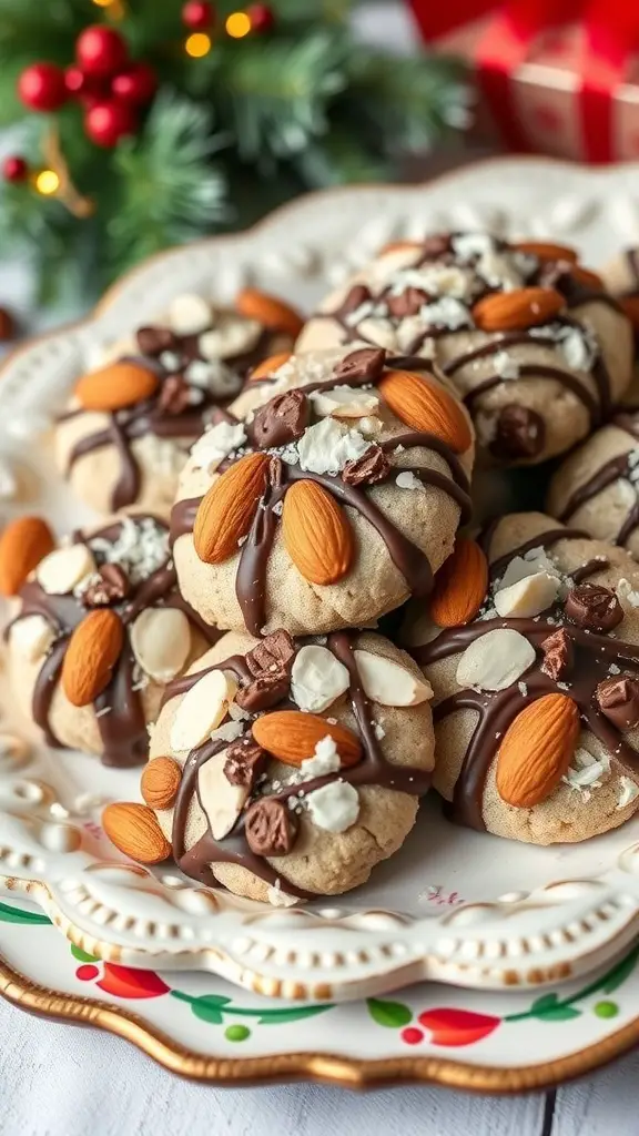 A plate of Almond Joy Cookies topped with chocolate drizzle, almonds, and shredded coconut, surrounded by festive decorations.