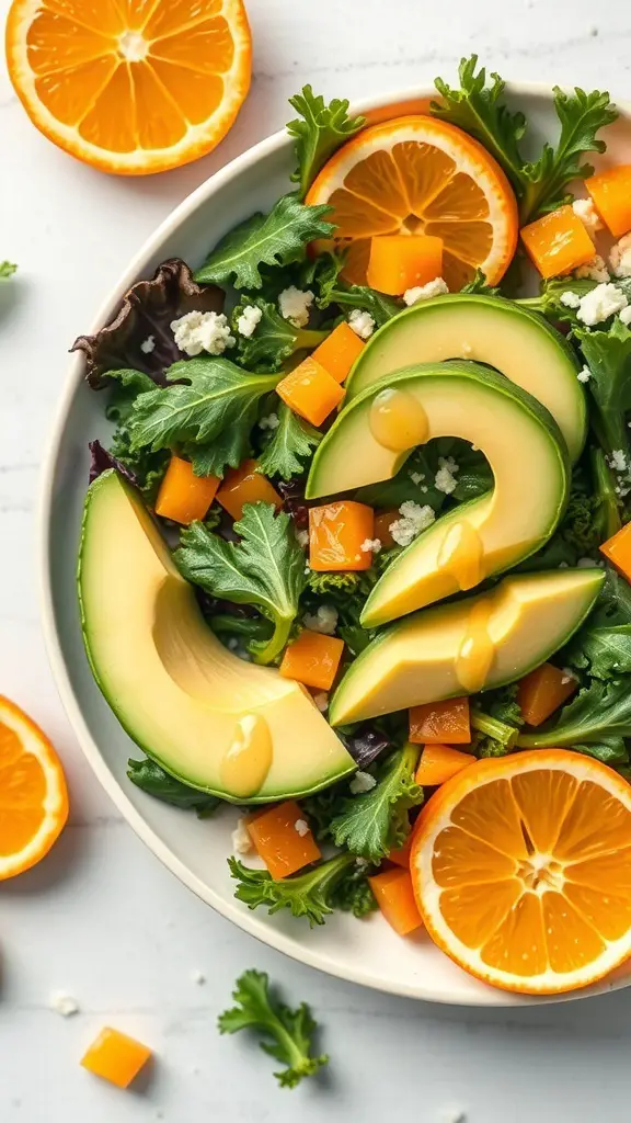 A vibrant Citrus Kale Salad with avocado, featuring kale, orange slices, and butternut squash.
