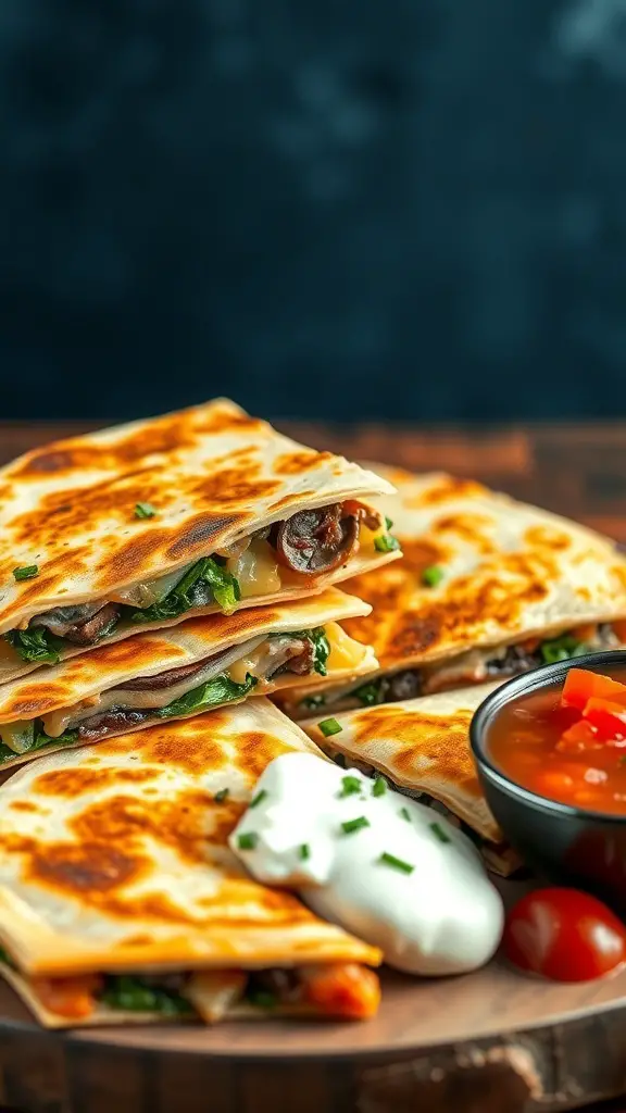 Mushroom and spinach quesadillas stacked with a side of salsa and sour cream