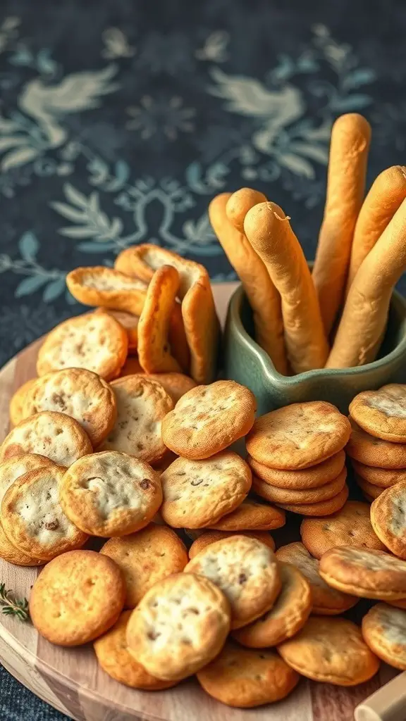 An assortment of gourmet crackers and breadsticks on a wooden platter
