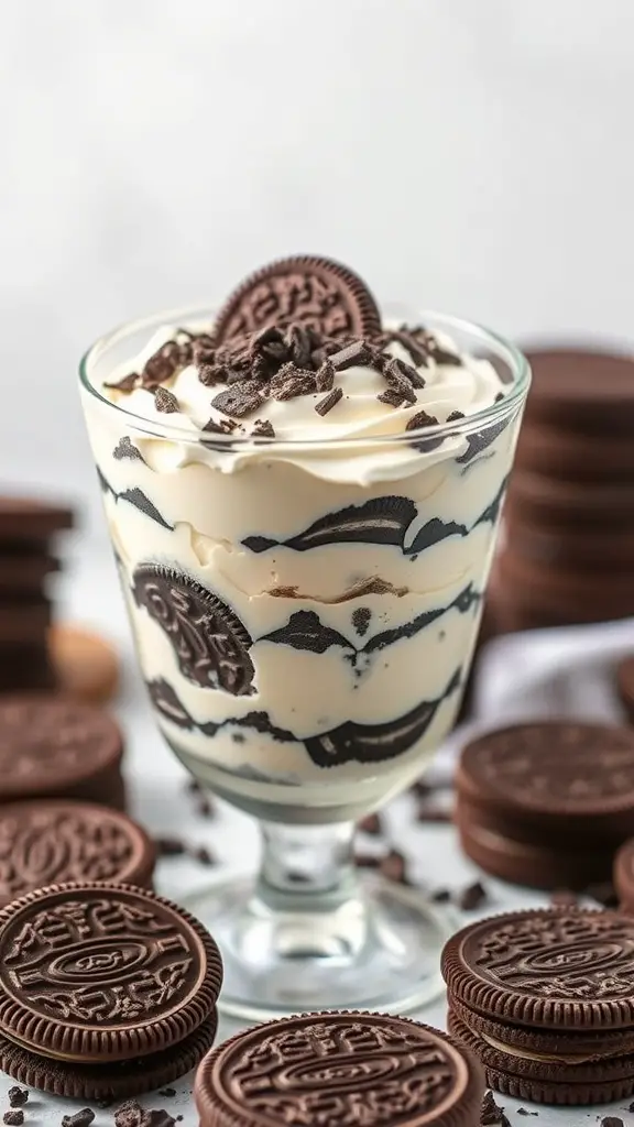 A delicious Oreo cheesecake trifle in a glass, layered with cream and Oreo cookie crumbles, topped with a whole Oreo and chocolate shavings.