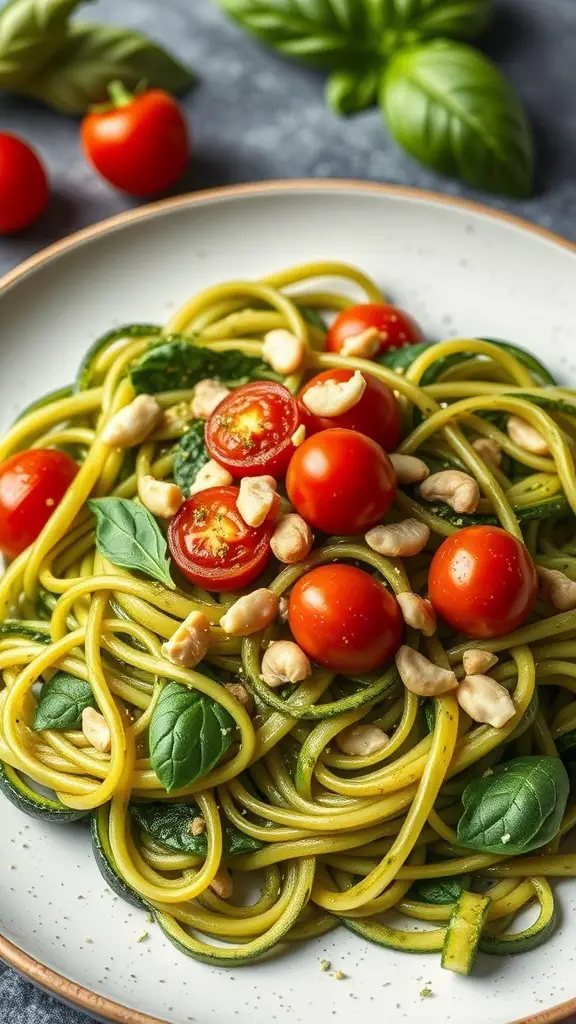 A plate of zucchini noodles with pesto, cherry tomatoes, and basil leaves.