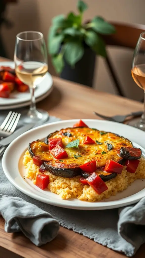 A plate of baked ratatouille served on polenta, garnished with red bell peppers and fresh herbs, with glasses of white wine in the background.