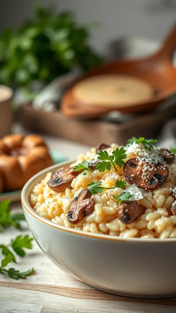 A bowl of creamy mushroom risotto topped with sautéed mushrooms and parsley.