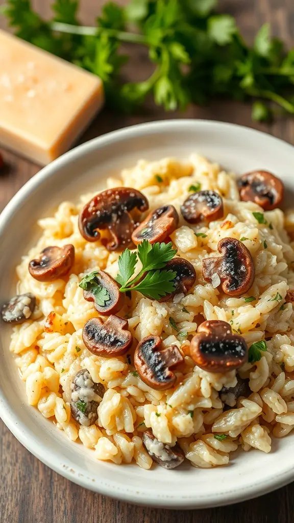 A bowl of creamy mushroom risotto topped with sautéed mushrooms and parsley.