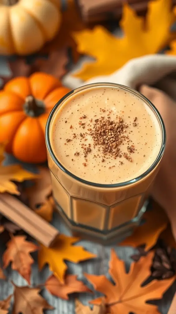 A glass of pumpkin spice fiber smoothie surrounded by pumpkins and autumn leaves.