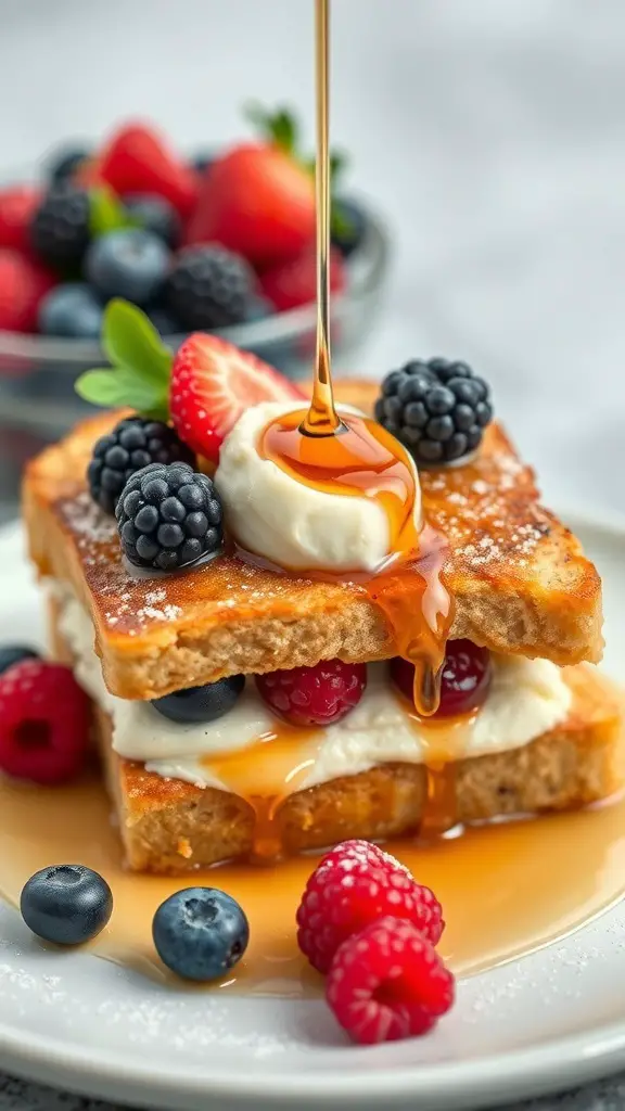 Delicious stuffed French toast with berries and syrup