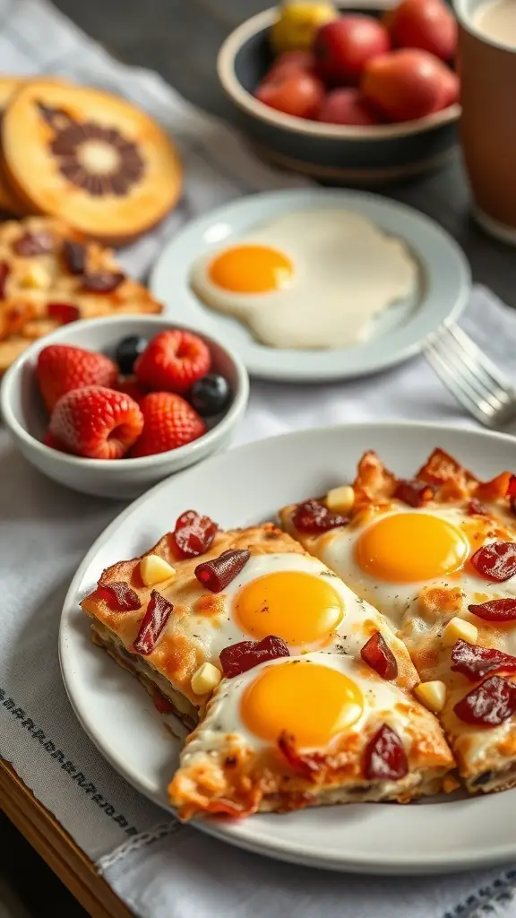 A delicious bacon and egg breakfast casserole with golden yolks, served with fresh fruit.