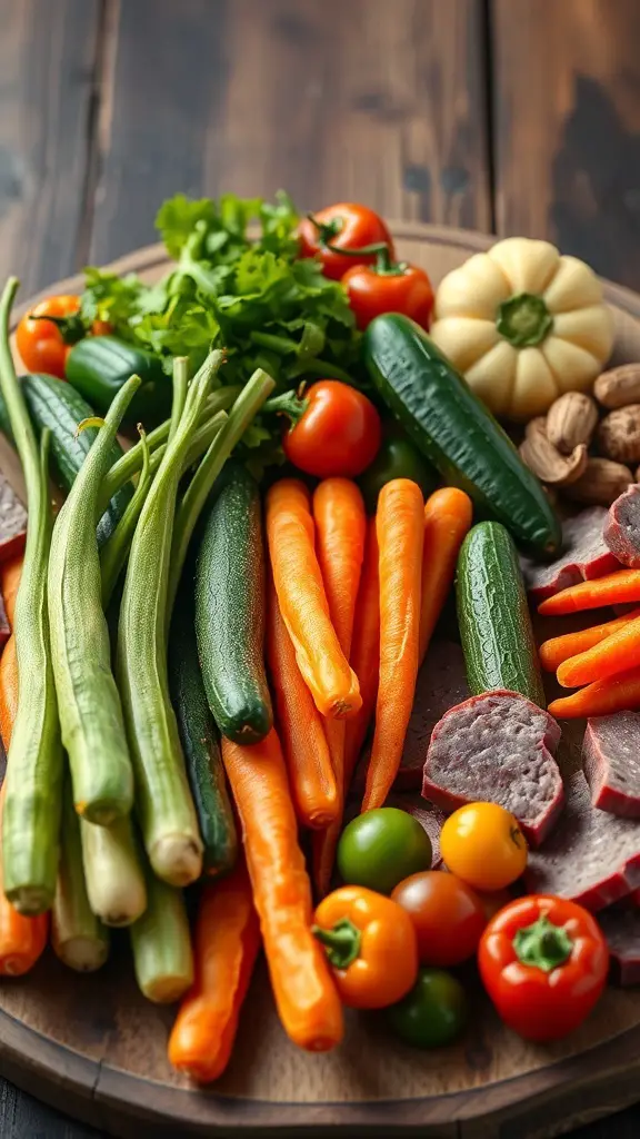 A variety of fresh vegetables including cucumbers, carrots, tomatoes, and lettuce arranged on a wooden platter.