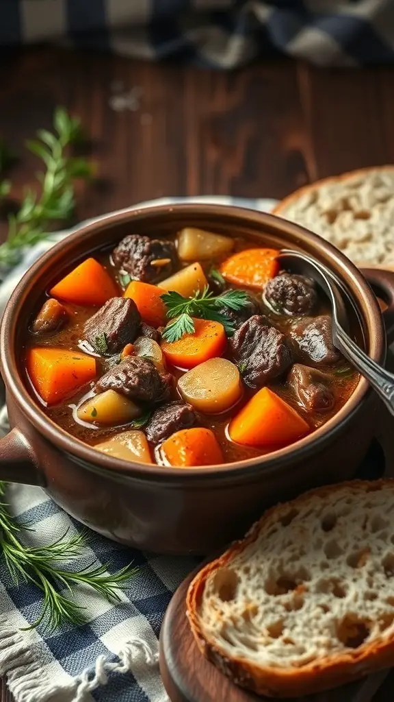 A bowl of hearty beef stew with root vegetables and a slice of bread on the side.