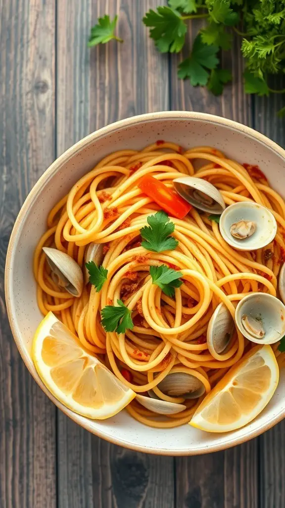 A bowl of spaghetti with clam sauce, garnished with lemon slices and herbs.