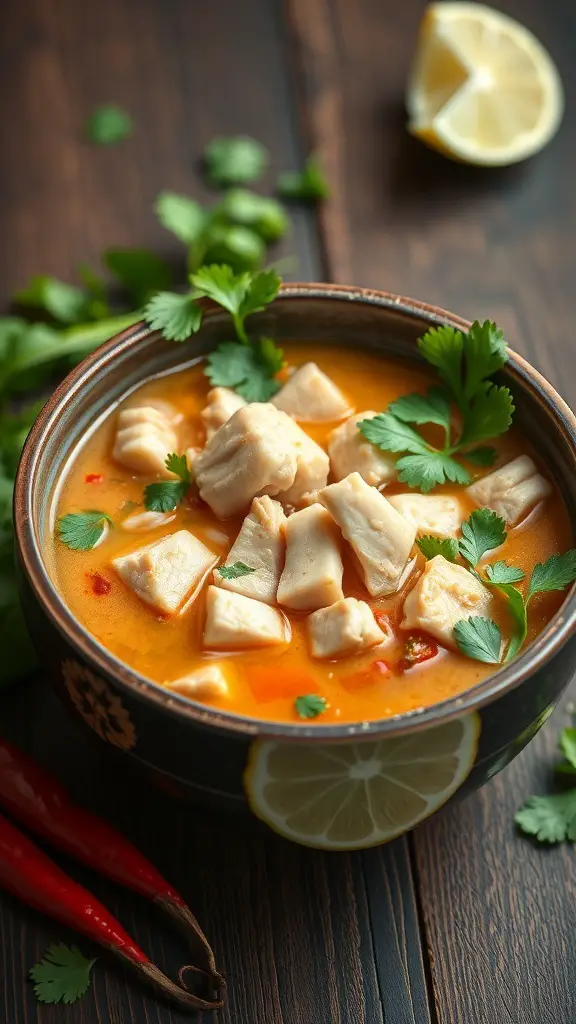 A bowl of Thai Coconut Chicken Soup with chicken pieces, cilantro, and lemon slices.