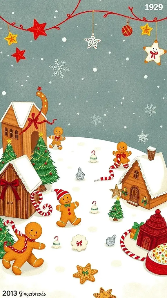 A festive scene featuring gingerbread cookies, tiny houses, and holiday decorations.