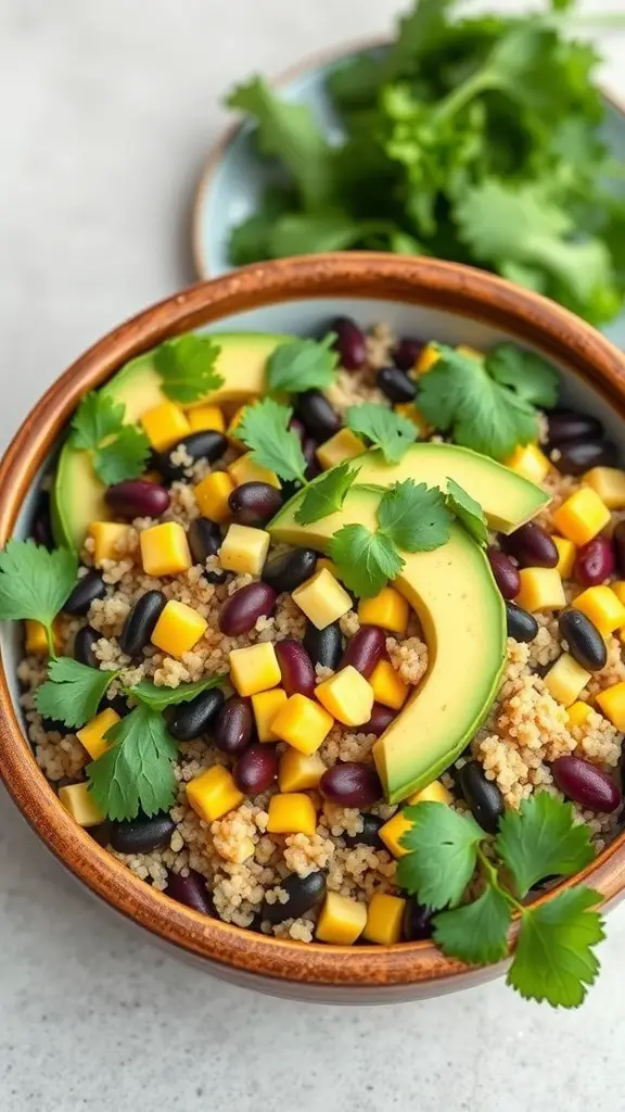 A bowl filled with quinoa, black beans, diced mango, avocado slices, and fresh cilantro.
