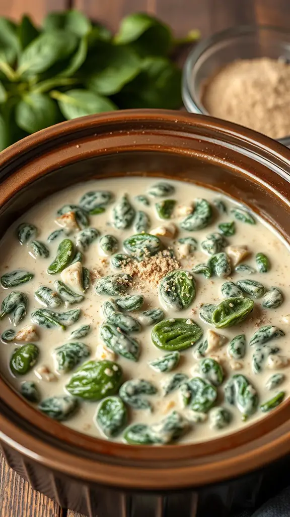 Crockpot creamed spinach with nutmeg in a brown dish, surrounded by fresh spinach leaves and a bowl of nutmeg.