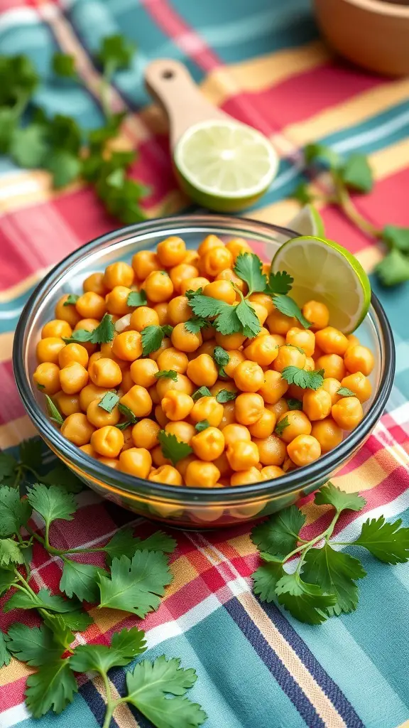 A bowl of spicy chickpeas garnished with cilantro and lime on a colorful tablecloth.
