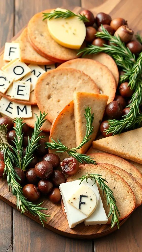 A charcuterie board featuring cheeses, crackers, and seasonal herb garnishes like rosemary.