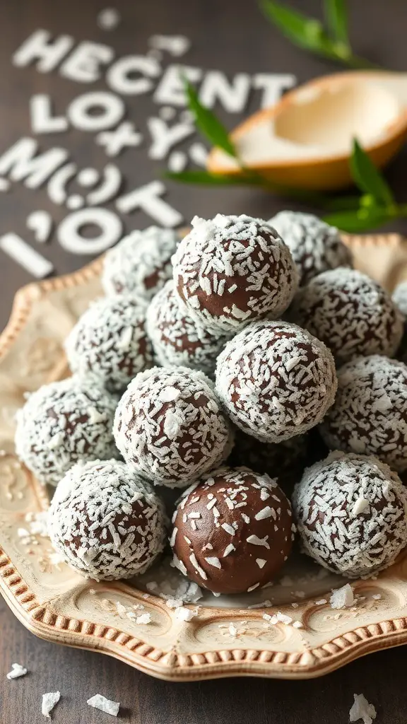 A plate of chocolate coconut protein balls coated in shredded coconut.