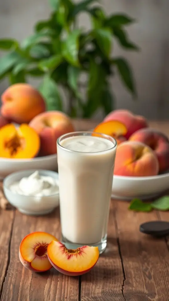 A refreshing peach and Greek yogurt smoothie in a glass, with fresh peaches and yogurt in the background.