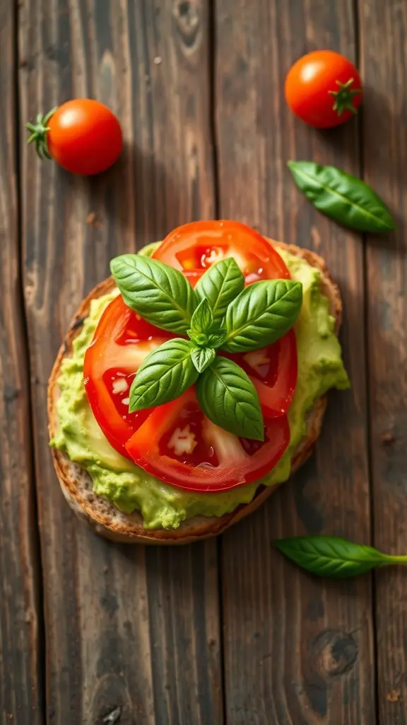 A slice of avocado toast topped with tomato slices and fresh basil on a wooden table.