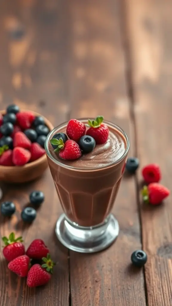 A glass of raw vegan chocolate mousse topped with raspberries and blueberries, surrounded by fresh berries on a wooden table.