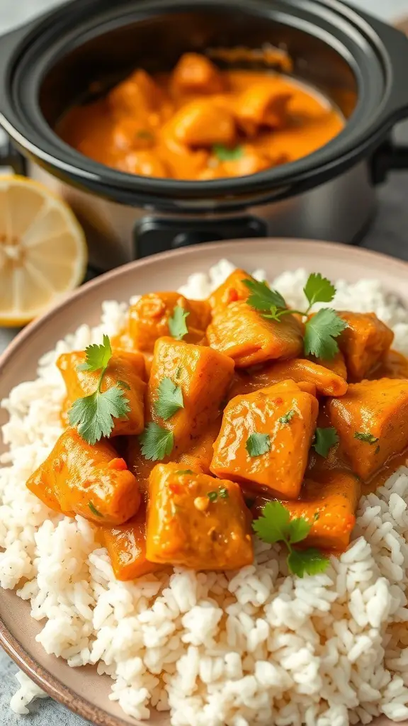 A plate of Coconut Curry Chicken served over rice with cilantro garnish, alongside a slow cooker.