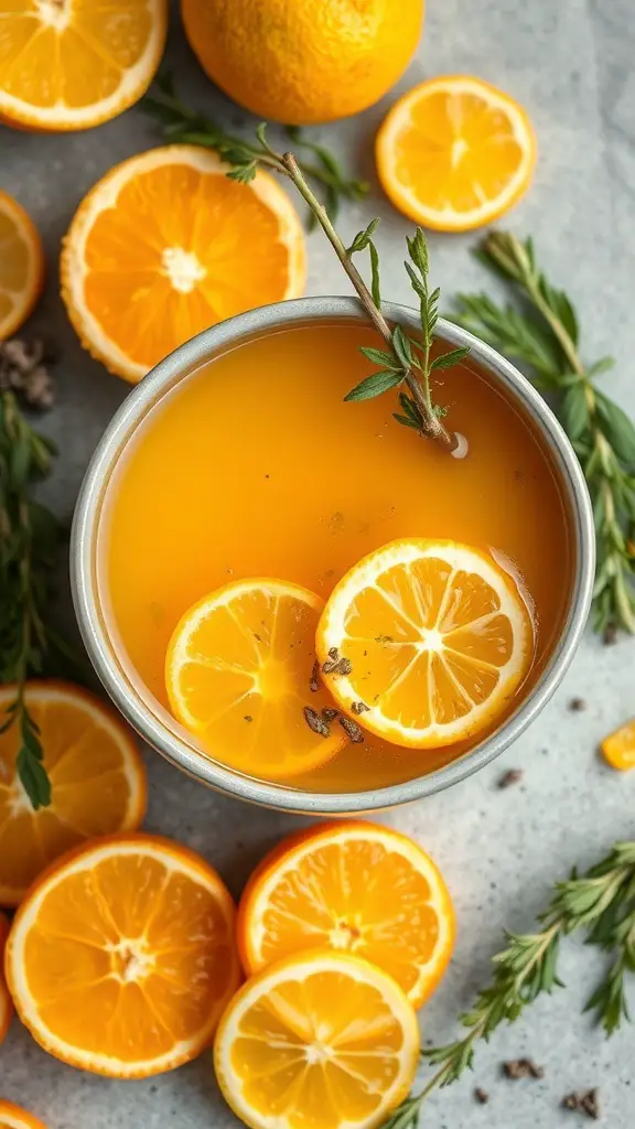 A bowl of zesty citrus fondue broth with orange slices and herbs.