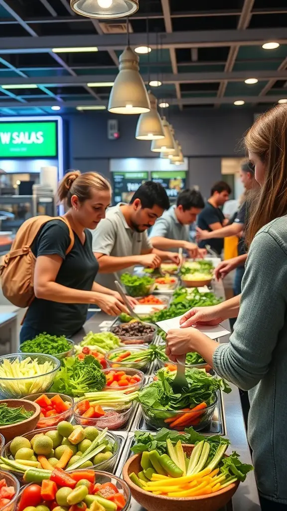 A vibrant salad bar with various fresh ingredients and people creating their own salads.