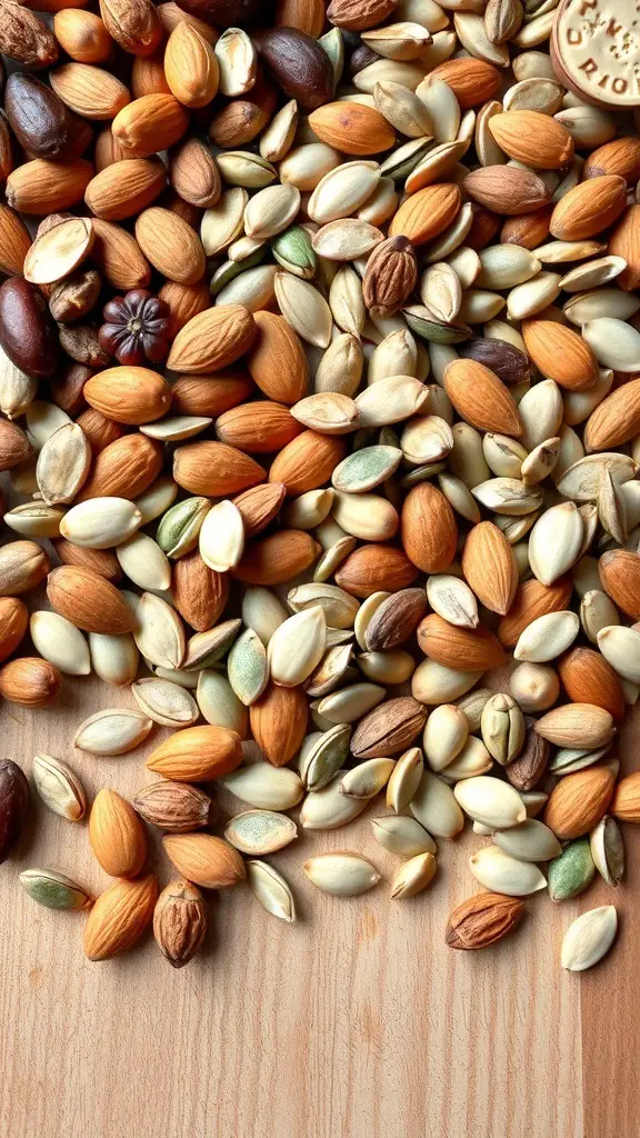 A variety of nuts and seeds scattered on a wooden surface.