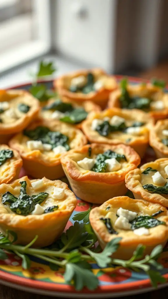 A colorful plate of mini quiches filled with spinach and feta, garnished with fresh herbs.