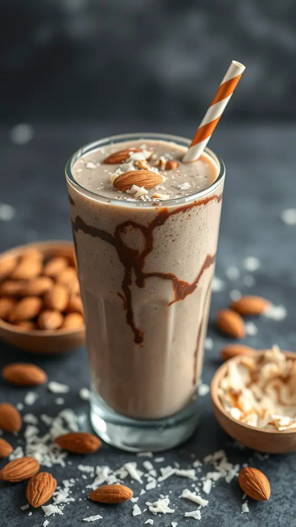 Nutty Almond Joy Smoothie in a glass with almonds and coconut