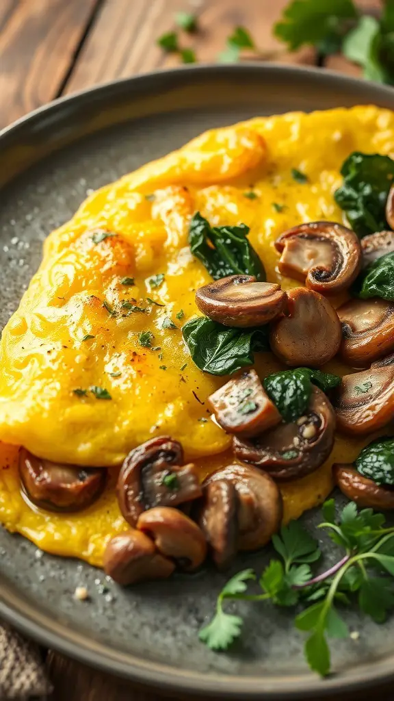 A delicious mushroom and spinach omelette served on a plate, garnished with herbs.