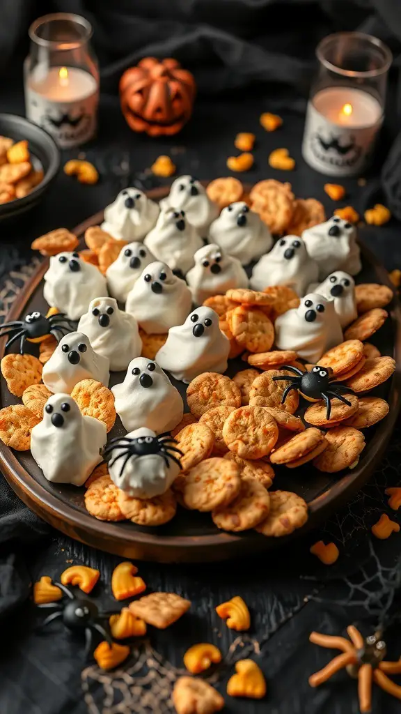 A Halloween-themed appetizer platter with ghost-shaped snacks, crackers, and decorative candies.
