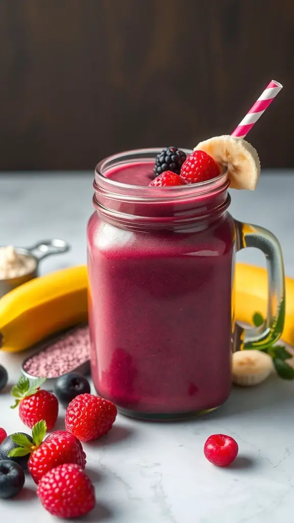 A colorful berry banana smoothie in a jar with fresh berries and a banana beside it.
