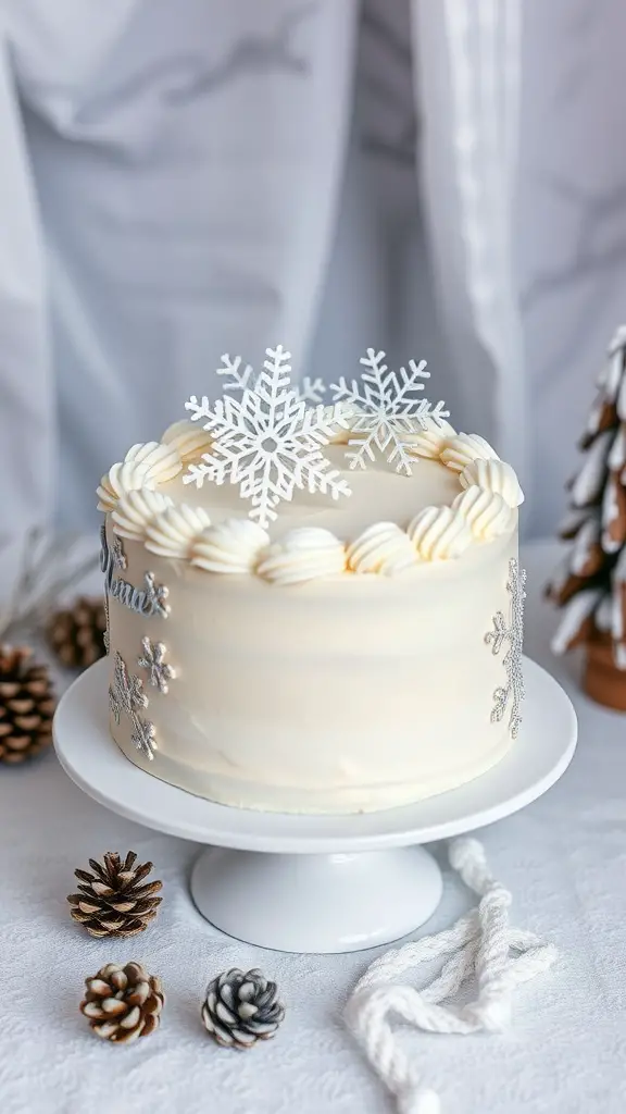 A beautifully decorated Vanilla Bean Snowflake Cake with snowflake decorations on top, surrounded by pine cones.
