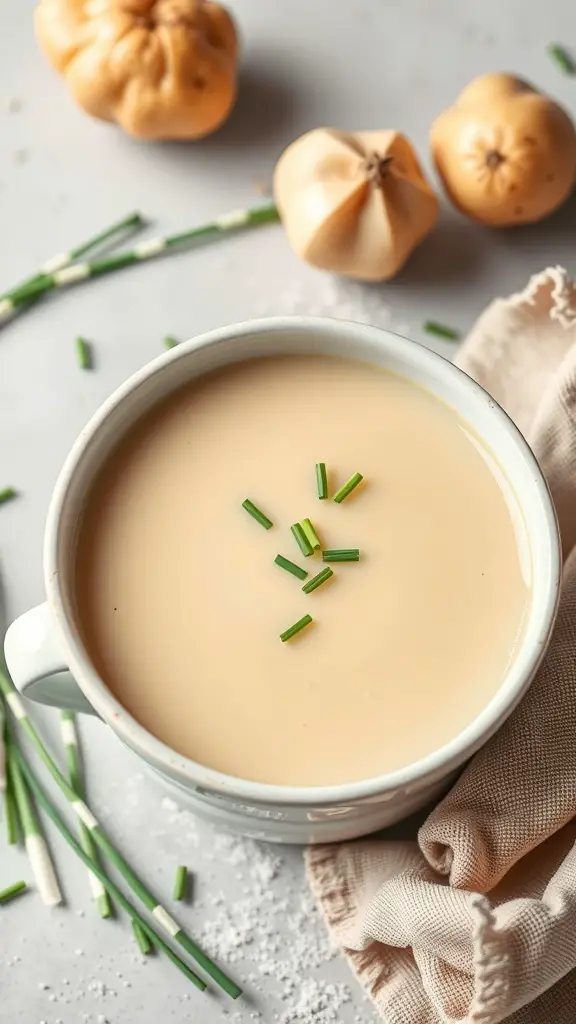 A bowl of creamy potato and leek soup garnished with chives, surrounded by fresh ingredients.