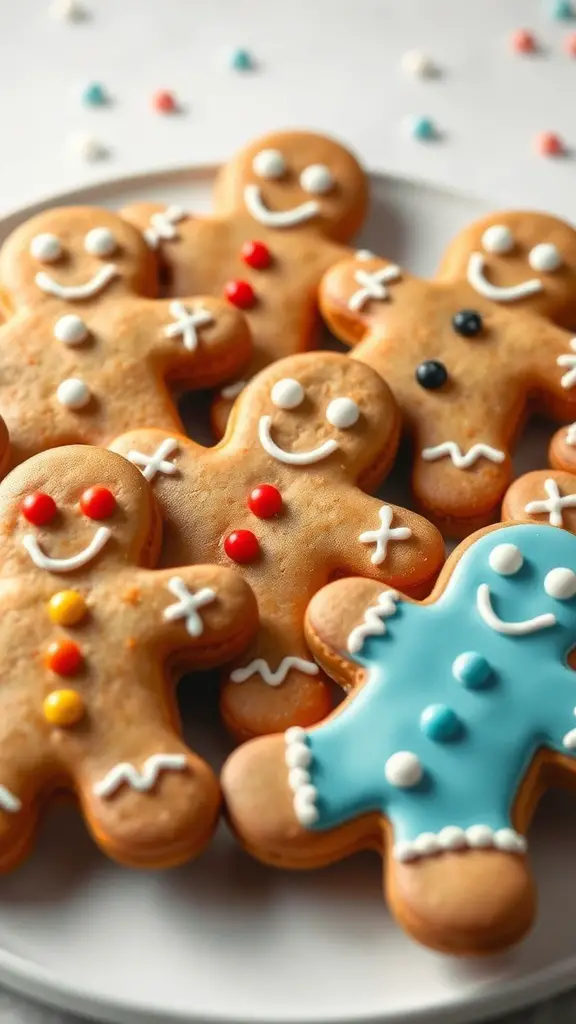 A plate of decorated gingerbread men cookies with colorful icing and toppings.