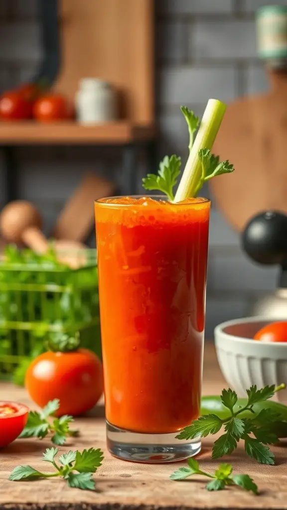 A glass of spicy tomato juice garnished with celery, surrounded by fresh tomatoes and herbs.