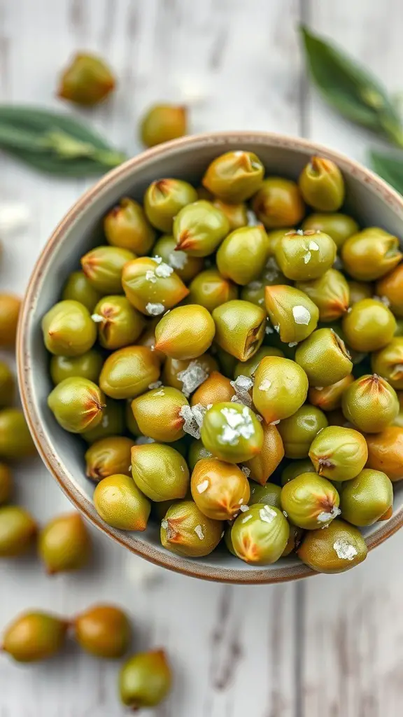 A bowl of roasted edamame sprinkled with sea salt